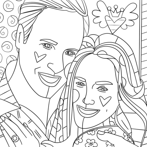 Kate Middleton And Prince William By Romero Britto Coloring Page